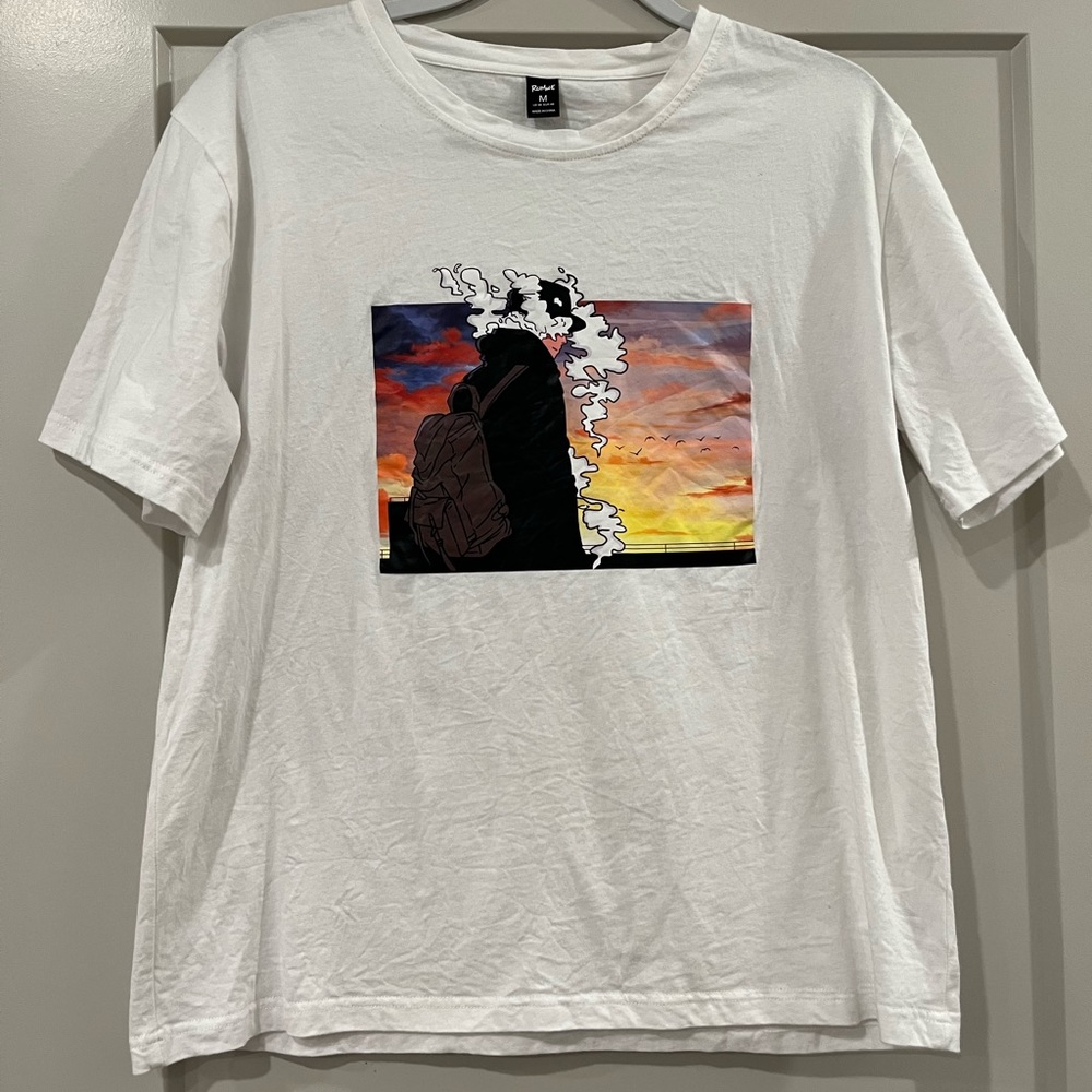 Romwe Anime Sunset, Smoke, and Birds Tee Shirt